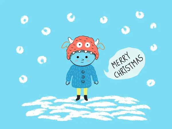 Feliz Navidad tarjeta, Niño con un sombrero de monstruo en la nieve, vector — Archivo Imágenes Vectoriales