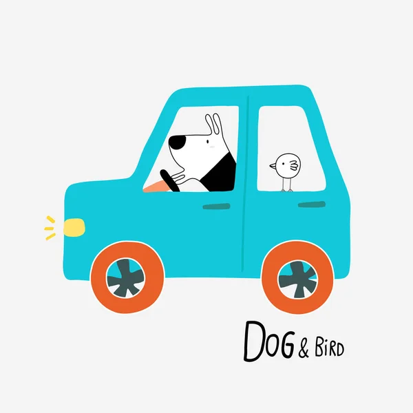 Hond & vogel autorijden, vector illustratie — Stockvector