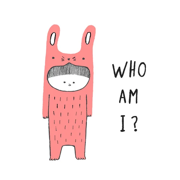 Wie ben ik, Boy in een kostuum van het konijn, de hand getekende vector illustratio — Stockvector