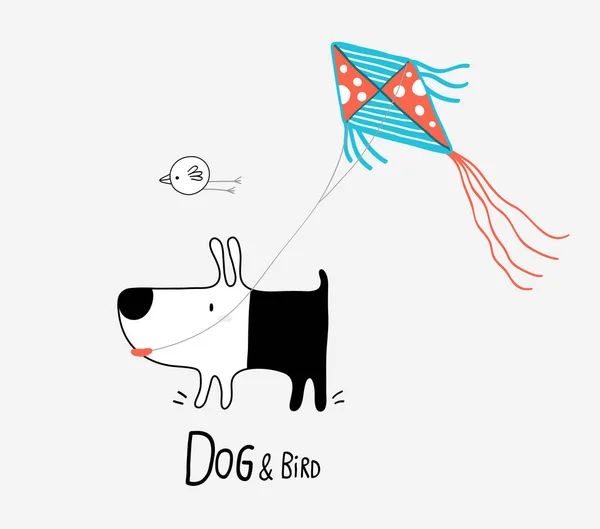 Dog & Bird flying a Kite, vector illustration — Stock Vector