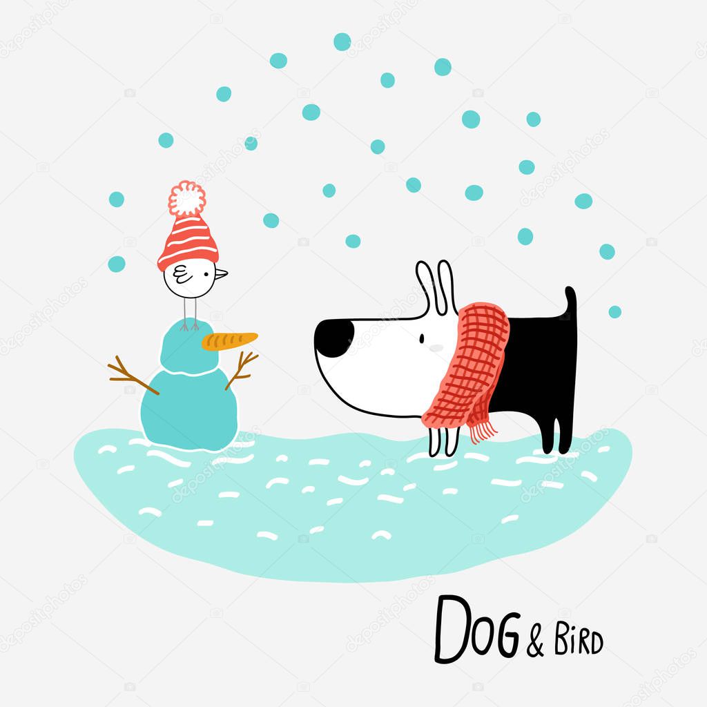 Dog & Bird in the Snow, vector illustration