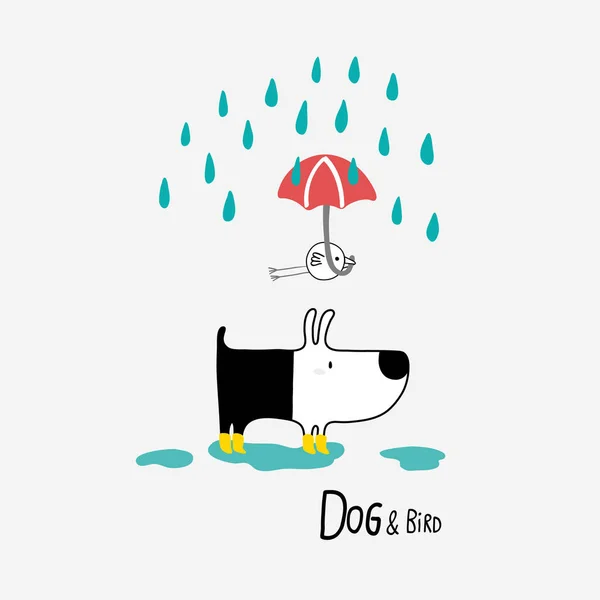 Perro y pájaro bajo la lluvia, ilustración vectorial — Vector de stock