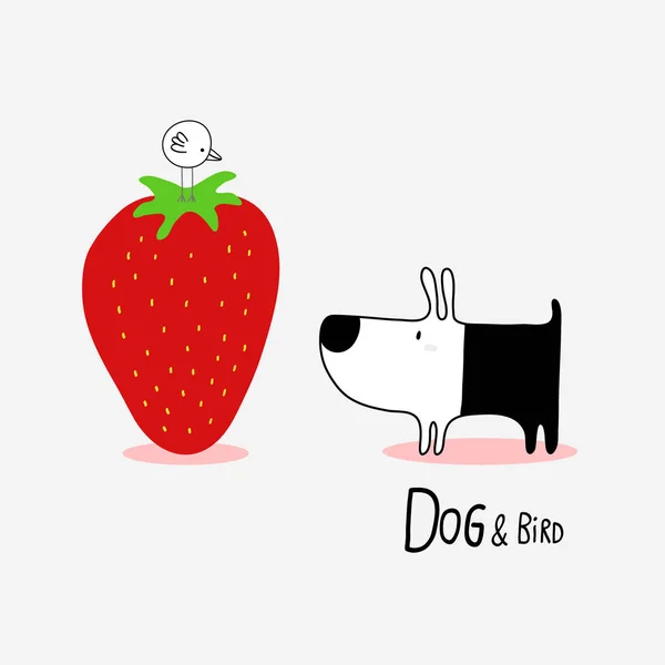 Dog & Bird y una fresa gigante, ilustración vectorial — Vector de stock