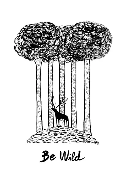 Ser salvaje, ciervo dibujado a mano en el bosque, ilustración vectorial — Vector de stock