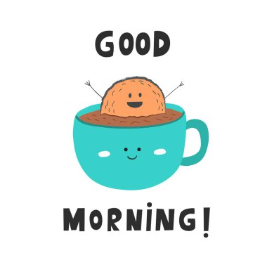 İyi sabah kartı, bir fincan kahve, vec banyo bisküvi