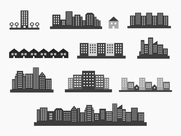 Arquitetura ícones silhuetas conjunto, skylines e casas vetor d — Vetor de Stock