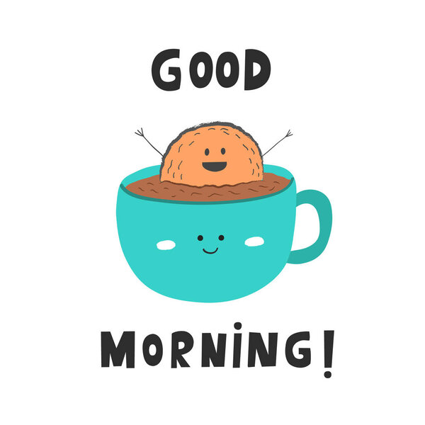 Доброе утро открытка, печенье принимая ванну в чашке кофе, вегетарианский
