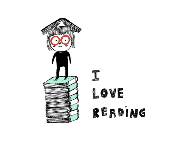 Adoro ler, uma rapariga em cima de uma pilha de livros. —  Vetores de Stock