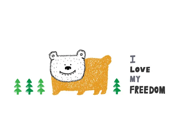 Me encanta mi libertad, oso salvaje en un bosque, ilustración vectorial — Vector de stock