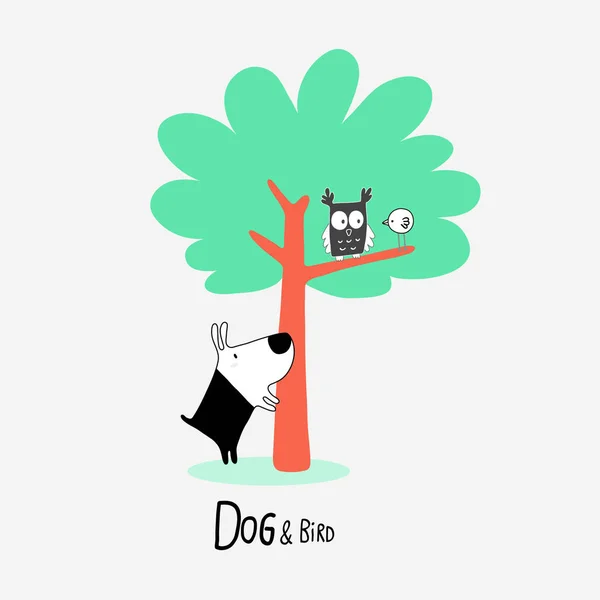Perro y pájaro en la naturaleza con búho, ilustración vectorial — Vector de stock