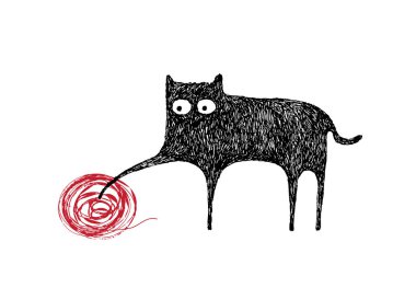 Bir iplik yumağı, vektör çizim ile oynayan kedi