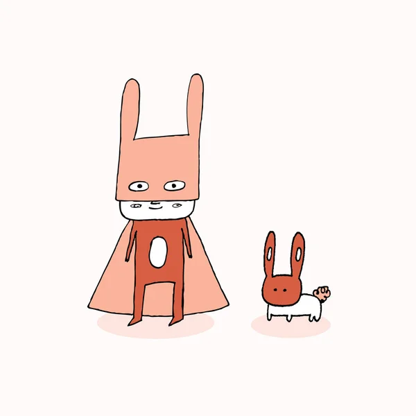 Boy in a Super Rabbit costume and rabbit, hand drawn vector illu — Stock Vector