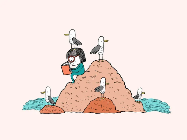 Fille lisant dans un rocher de plage entouré de mouettes, dessiné à la main — Image vectorielle