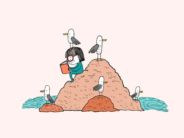Martılar, elle çizilmiş çevrili bir plaj kaya okuma kız — Stok Vektör