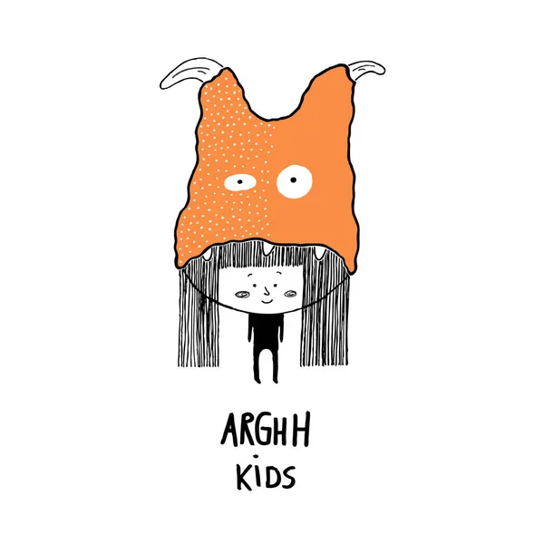 Crianças Arghh, criança com um chapéu de monstro. Vetor desenhado à mão ilustrat — Vetor de Stock