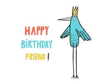 İyi ki doğdun dostum! kartı, elle çizilmiş vektör çizim