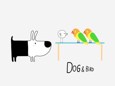 Köpek ve kuş ve aşk kuşları, vektör çizim