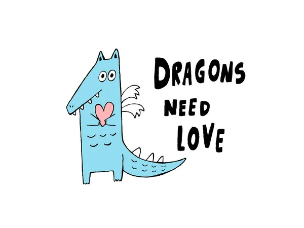 Los dragones necesitan amor, ilustración vectorial dibujada a mano — Vector de stock