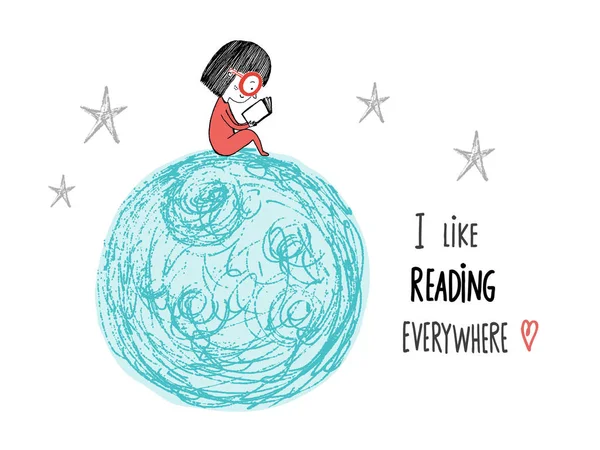 Μου αρέσει να διαβάζω παντού. Μικρό κορίτσι ανάγνωση στο φεγγάρι. Χέρι — Διανυσματικό Αρχείο