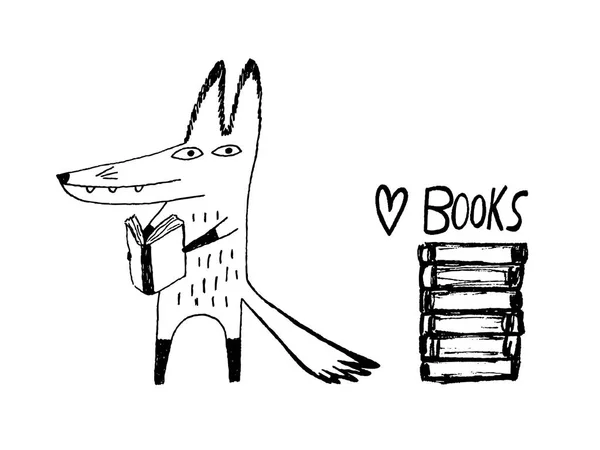 Fox lezen van boeken. Hand getekende vectorillustratie — Stockvector