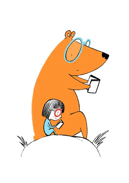 Niña y un oso leyendo libros — Vector de stock
