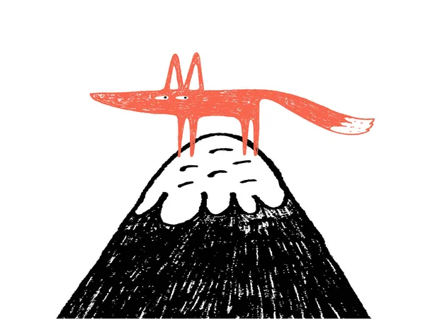 Fox sulla cima di una montagna. Illustrazione del vettore disegnato a mano — Vettoriale Stock