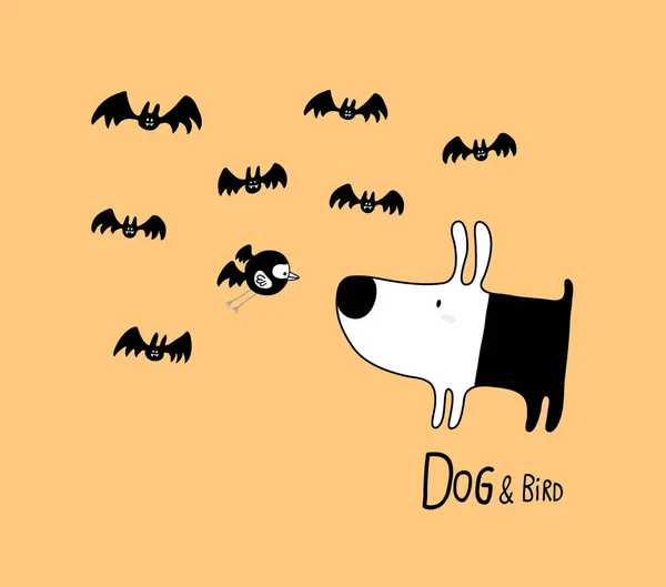 Dog & Bird no Halloween com morcegos, ilustração vetorial —  Vetores de Stock