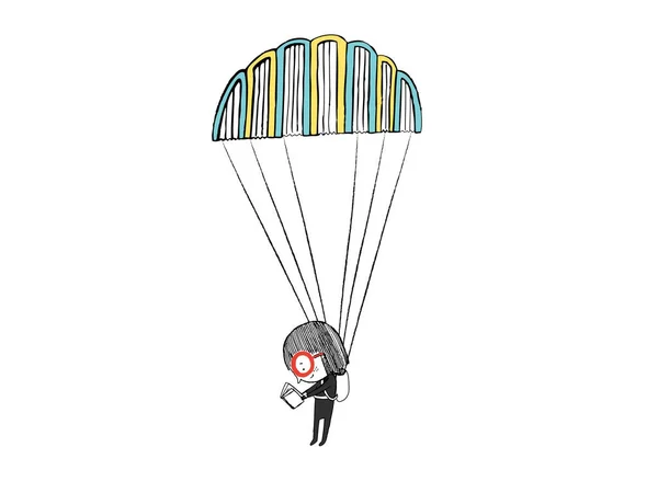 阅读在降落伞用书中的小女孩。手绘 v — 图库矢量图片