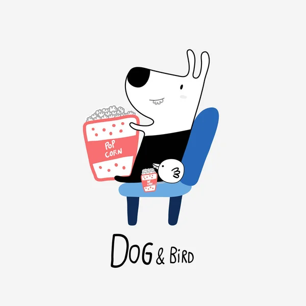 Dog & Bird comiendo palomitas de maíz en el cine, ilustración vectorial — Vector de stock