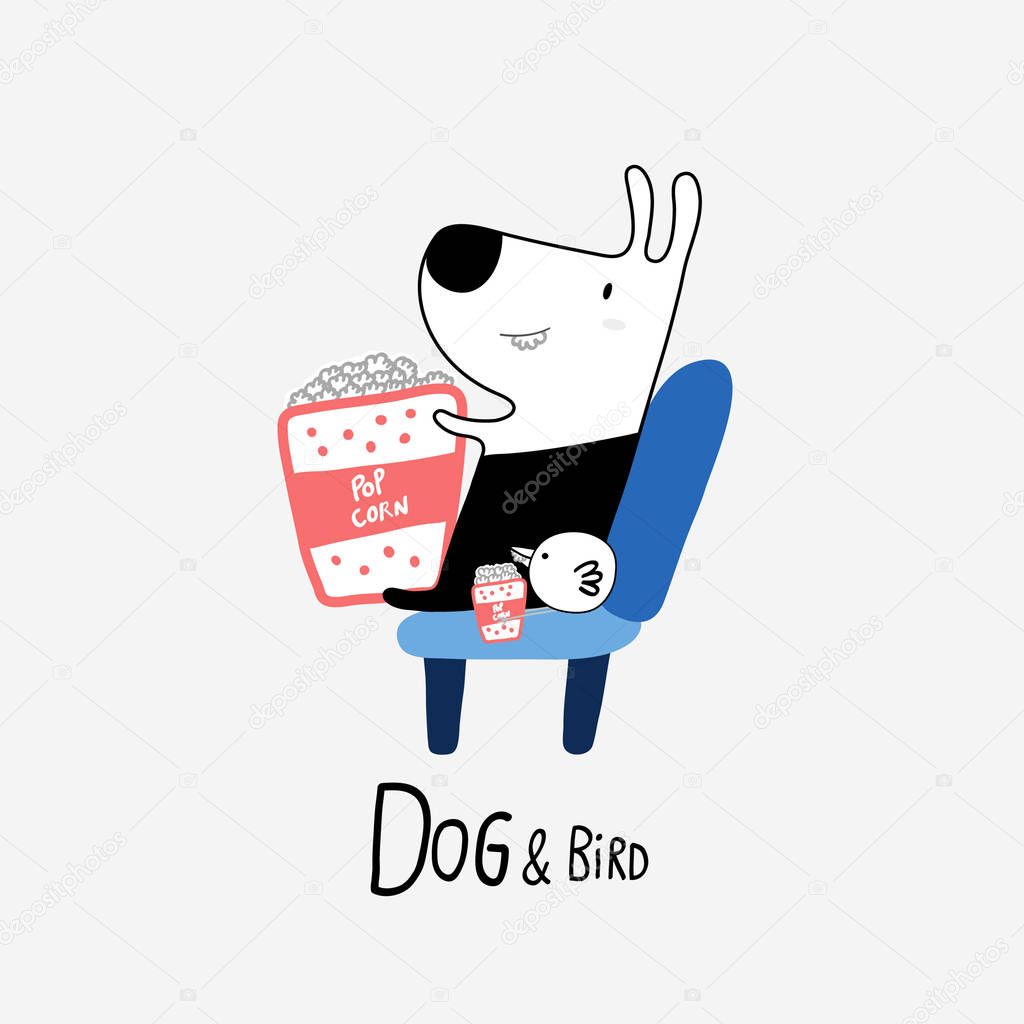Dog & Bird eating popcorn at the cinema, vector illustration