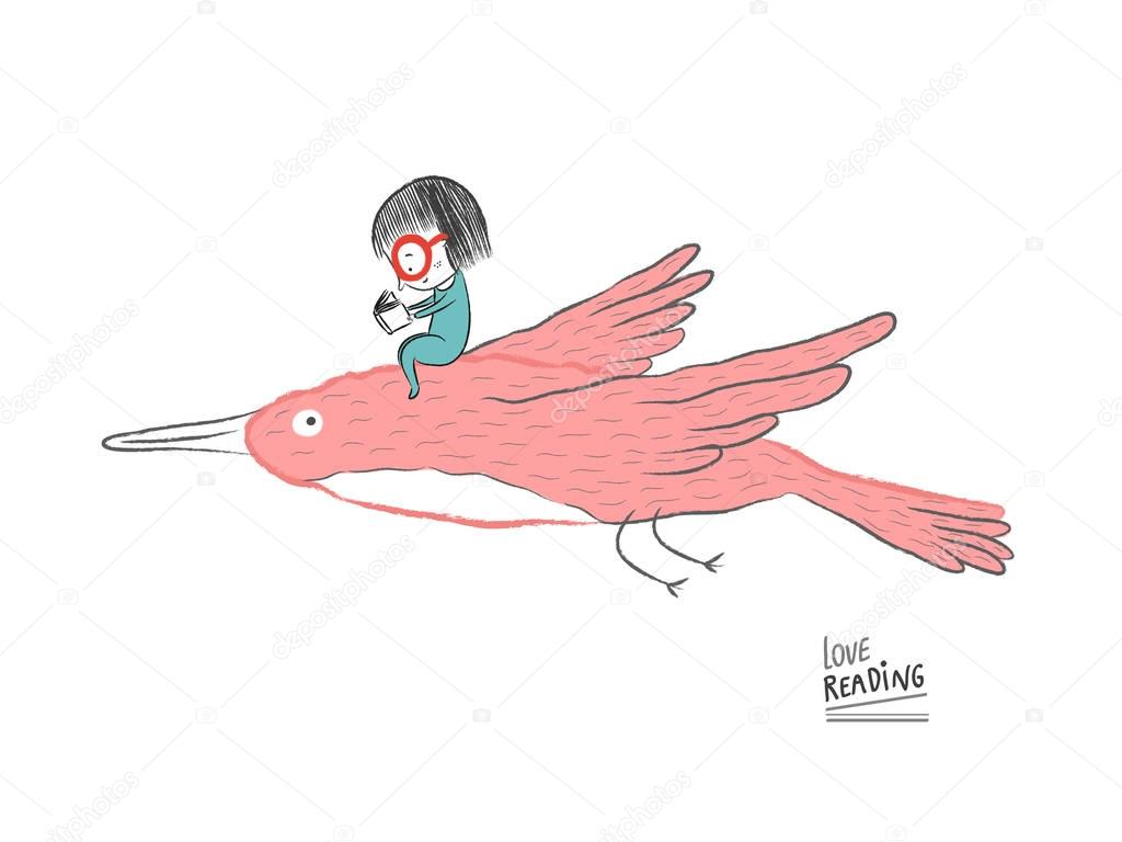 Little girl reading on a big bird, vector illustration