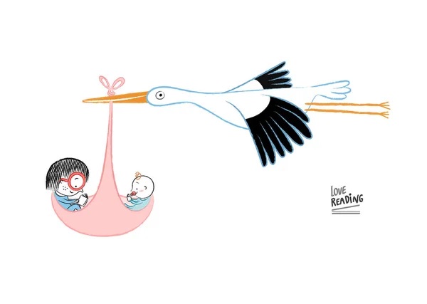 Liten Flicka Läser Med Nyfödd Och Stork Vektor Illustration — Stock vektor