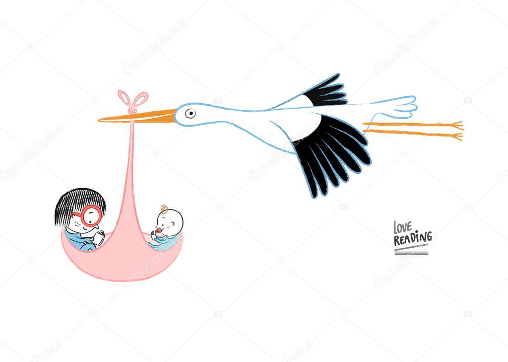 Little girl reading with a newborn and a stork, vector illustration