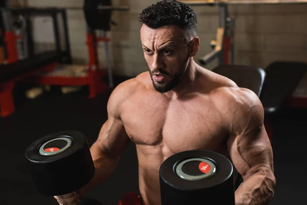 Spor salonunda dambılı olan güçlü kaslı bir adam.. 