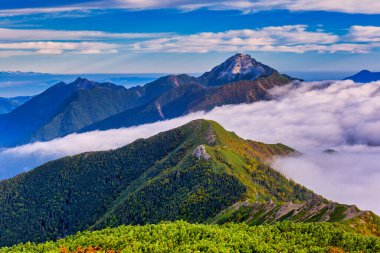 Mt. Kotaro ve Mt. Asayo sabah bulutlarında zirve yapar. Minami Alpleri / Güney Japon Alpleri. Kita-dake 'den Görünüm.