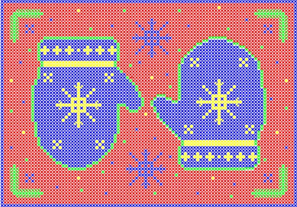 Kırmızı zemin üzerinde kar taneleri olan kış eldivenleri..