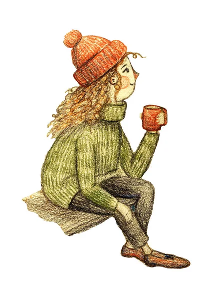Молодая женщина сидит и пьет теплый чай или кофе, одетая в зеленый уютный свитер и красный вязаный колпак. Концепция Lagom и hygge. Уютный скандинавский стиль жизни. Ручная иллюстрация — стоковое фото
