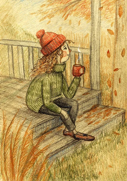 Молодая женщина сидит и пьет теплый чай или кофе, одетая в зеленый уютный свитер и красный вязаный колпак. Концепция Lagom и hygge. Уютный скандинавский стиль жизни. Ручная иллюстрация — стоковое фото