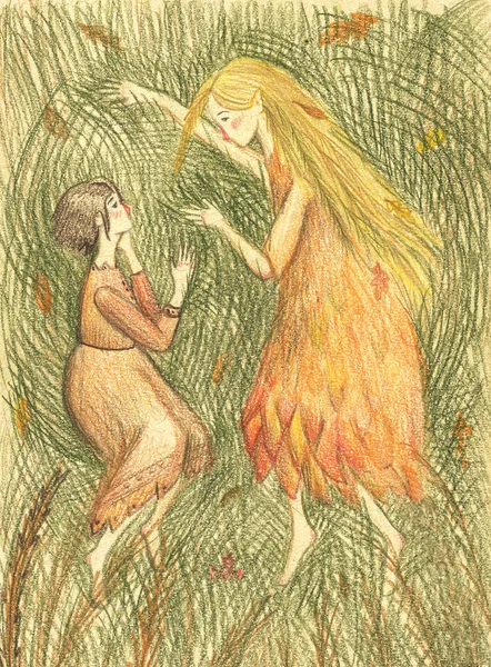 Dibujo a mano tarjeta de felicitación para el día de la madre feliz de la linda madre joven se acuesta con su hija adolescente en una hierba. Bonita y cálida ilustración — Foto de Stock