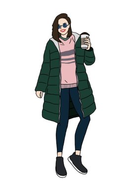 Yeşil kışlık ceketli, sweatshirt 'lü ve bacaklı modaya uygun modern kız tasviri. Sonbahar moda koleksiyonu. Düz Grafik