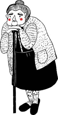 Kalın kazaklı, siyah elbiseli, sırtı kamışlı, sevimli, yaşlı bir kadın.