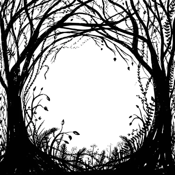 Bosque encantado dibujado a mano. Vector halloween marco blanco y negro — Vector de stock