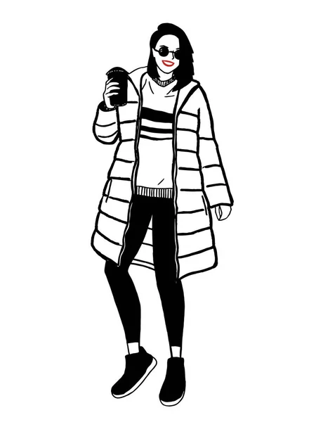 Wektor moda ilustracja modnej nowoczesnej dziewczyny z filiżanką kawy w zielonym płaszczu zimowym, bluzie i legging. Jesienna modna kolekcja zimowa. Grafika płaska — Wektor stockowy