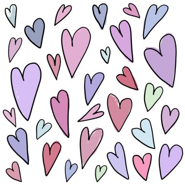 Beyaz arka planda şekillendirilmiş renkli kalp, boya fırçalı dekoratif seriler. İllüstrasyon konusunda yaratıcı. Sevgililer Günü konsepti. El çizimi vektör karalama. Kalp çeşitli şekillerde..