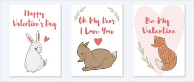 Sevgililer Günü kartlarında farklı karakterler, tilkiler, geyikler, tavşanlar ve kurbağalar vardı. Sevgililer günün kutlu olsun, sevgilim ol Oh sevgilim Seni seviyorum konsept