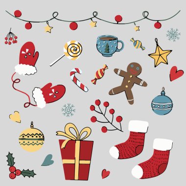 Noel ve yeni yıl unsurları: eldivenler, kurabiyeci, kahve, kakao, hediye, kırmızı çoraplar, şekerleme, ışık, böğürtlen, kar taneleri. El çizimi Vektör illüstrasyonu.