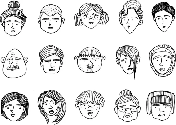 Facce scarabocchiate disegnate a mano di persone di diversi stili e nazionalità — Vettoriale Stock