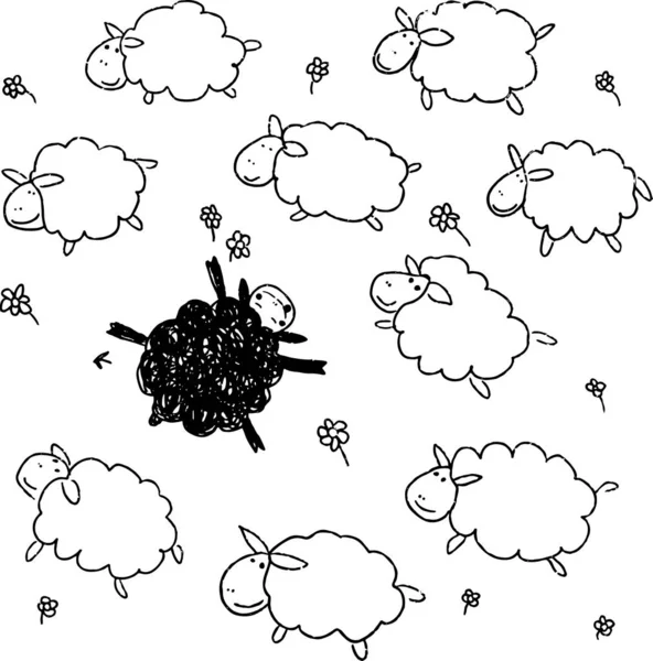 手の群れでかわいい黒い羊を描いた 優れた 異なる 競争上の優位性の概念 ベクターイラスト — ストックベクタ