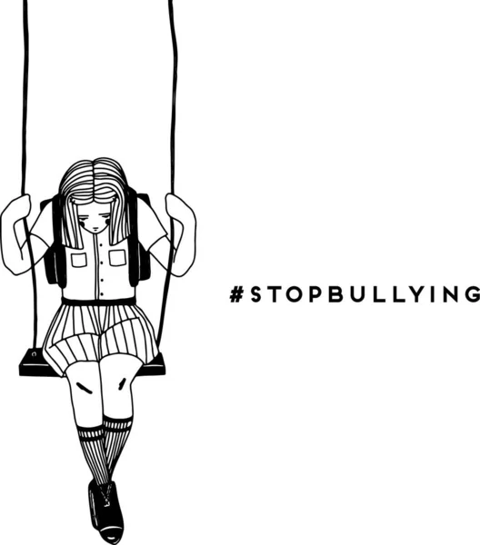 Triste chica solitaria se sienta en el columpio sola. Ilustración vectorial simple dibujada a mano con texto stop bullying. Problemas sociales de la humanidad . — Archivo Imágenes Vectoriales