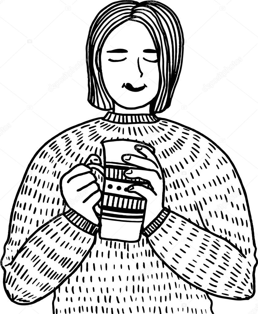 Hand drawn pretty woman with appealing appearance, wears cozy sweater, licks lips, holds warm drink, enjoys taste. Isolated vector concept illustration. Hygge feeling